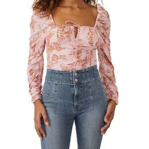 Free People Hilary Floral Blouse Shirt Ruffled Shoulders Pink Shirred Top
